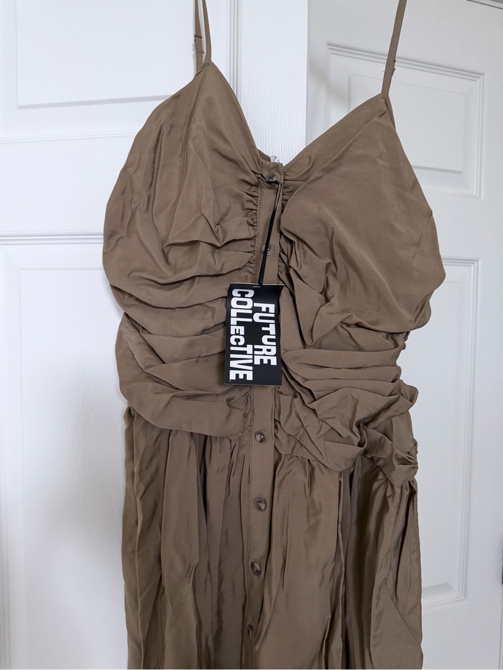 Future Collective Taupe Strapless Ruched Dress